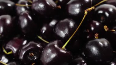 Kiraz. Olgun kiraz siyah arka plan üzerinde döner. Dönen siyah Olgun tatlı kiraz. Döndürme 4k Uhd video. Döngü sorunsuz imkanı. Closeup Makro.