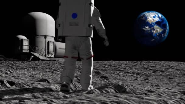 Astronaut Walking On The Moon Near The Lunar Station And Admiring The Beautiful Earth Waving His Hand To The Earth Cg Animation Elements Of This Video Furnished By Nasa Video By C