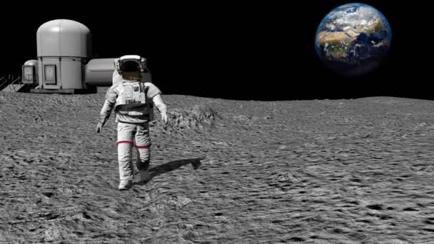Astronaut chůze na měsíci poblíž lunární stanice a mávl rukou. CG animace. Prvky tohoto videa, které Nasa.