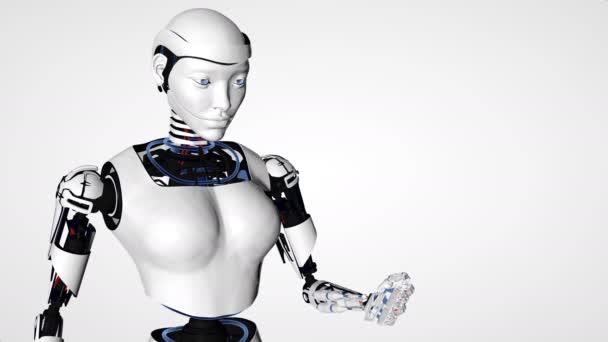 Robot sexy femme androïde tenant la planète Terre.. Cyborg technologie future, intelligence artificielle, technologie informatique, science humanoïde . — Video