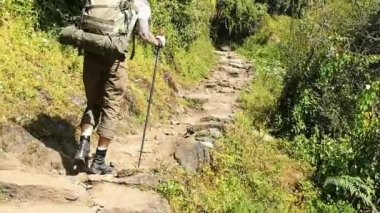 Trekking izinde yürüyen Annapurna Saha Kampı, Himalayalar, Nepal için uzun yürüyüşe çıkan kimse. POV.