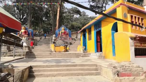 Katmandu, Nepal - Ekim 2018: Swayambhunath ya da maymun temle. Katmandu, Nepal. Swayambhunath, veya Swayambu veya Swoyambhu, bir antik dini Katmandu Vadisi'nde bir tepenin üstüne mimaridir. — Stok video