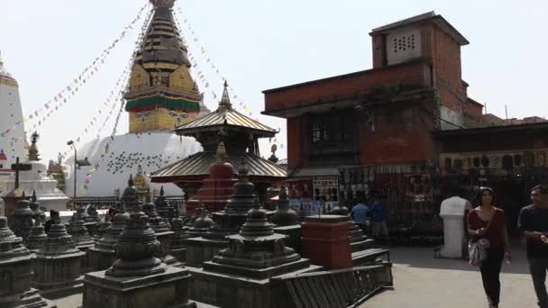 Kathmandu, Nepal - października 2018: Swayambhunath lub monkey temle. Kathmandu, Nepal. Swayambhunath, lub Swayambu lub Swoyambhu, jest starożytnej architektury sakralnej na szczycie wzgórza w Dolinie Katmandu. — Wideo stockowe