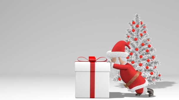 Merry Christmas and Happy New Year 2019 animation. Santa Claus with a Christmas gift near the Christmas tree.