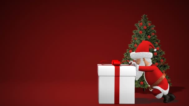 Καλά Χριστούγεννα και Ευτυχισμένο το νέο έτος 2019 animation. Άγιος Βασίλης με ένα δώρο Χριστουγέννων κοντά το χριστουγεννιάτικο δέντρο. — Αρχείο Βίντεο