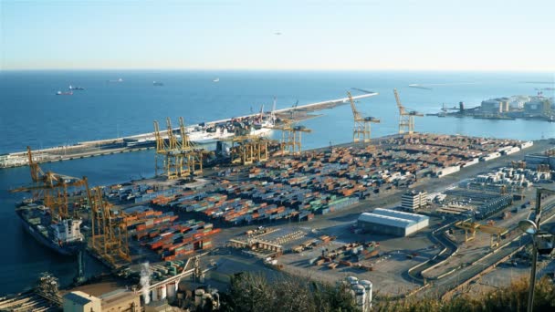 西班牙巴塞罗那-2019年左右: 巴塞罗那货运港。港口集装箱码头装卸货物。用集装箱分拣堆场。集装箱和起重机. — 图库视频影像