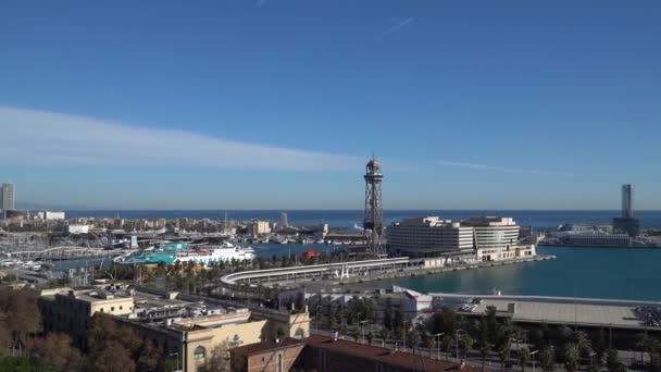 BARCELONA, SPAGNA - CIRCA 2019: Panorama di Barcellona dalla collina di Montjuic. Skyline di Barcellona. Embankment e porto a Barcellona, Spagna . — Video Stock