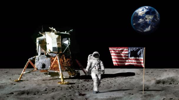 Astronaut Walking On The Moon And Saluting The American Flag Cg Animation Some Elements Of This Video Furnished By Nasa Video By C Merlinus74 Stock Footage
