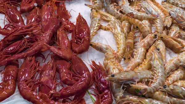 Růžová čerstvé mražené krevety s ledem v obchodě supermarketu nebo ryb. Syrové plody zblízka pozadí. Čerstvé mražené krevety, pochoutky, sea food koncept, zblízka. — Stock fotografie