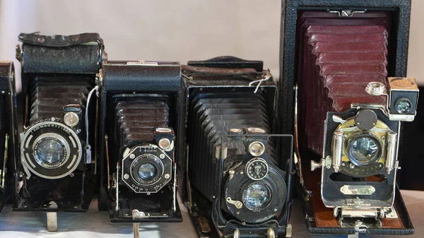 Foto staré fotoaparáty. Starožitný skládací kamery. — Stock fotografie