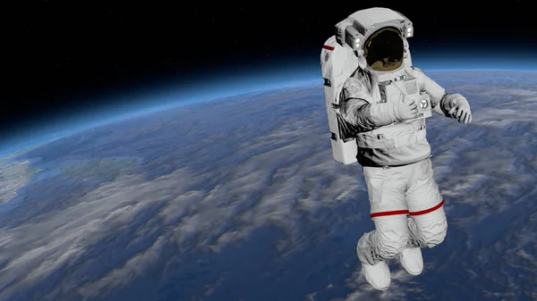 Астронавт Spacwalk, астронавт показує великі пальці у відкритому просторі. Міжнародна космічна станція ISS обертається над атмосферою землі. Елементи цього відео, що мебльована НАСА. — стокове фото