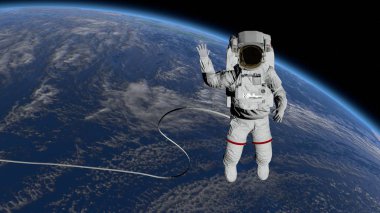 Astronot uzay yürüyüşü, elini açık alanda sallıyor. Bu görüntünün elementleri NASA tarafından döşenmiştir. 3d oluşturma