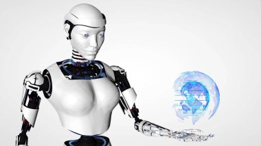 Seksi Robot Android kadın tutan bir dijital gezegen toprak.. Cyborg gelecek teknolojisi, yapay zeka, bilgisayar teknolojisi, insansı bilim. 3B işleme