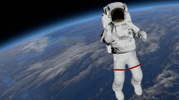 Astronauta SPACEWALK, astronauta pokazuje kciuki w górę w otwartej przestrzeni. Elementy tego obrazu dostarczone przez NASA. Renderowanie 3D — Zdjęcie stockowe
