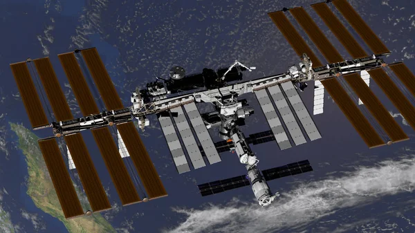 Uluslararası Uzay Istasyonu ISS toprak yerleri atmosferi üzerinde döner. NASA tarafından döşenmiş bu görüntünün elemanları. 3B işleme