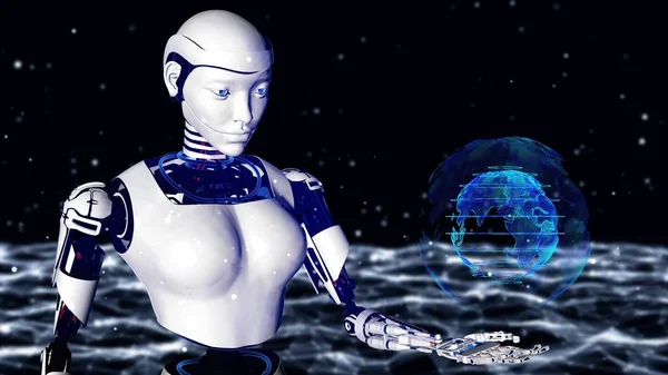 Sexy robot android woman holding a digital planet earth.. Cyborg future technology, artificial intelligence, computer technology, humanoid science. 3D rendering