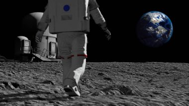 Astronot ay üzerinde yürüyüş ve güzel dünya hayran. CG animasyon. NASA tarafından döşenmiş bu görüntünün elemanları. 3B işleme