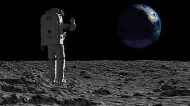 Astronaut walking on the moon and admiring the beautiful Earth. CG Animation. Elements of this image furnished by NASA. 3D rendering clipart