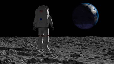 Astronot ay üzerinde yürüyüş ve güzel dünya hayran. CG animasyon. NASA tarafından döşenmiş bu görüntünün elemanları. 3B işleme