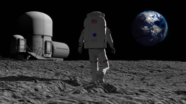 Astronot ay üzerinde yürüyüş ve güzel dünya hayran. CG animasyon. NASA tarafından döşenmiş bu görüntünün elemanları. 3B işleme