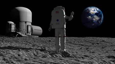 Astronot ay üzerinde yürüyüş ve güzel dünya hayran. CG animasyon. NASA tarafından döşenmiş bu görüntünün elemanları. 3B işleme