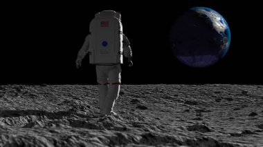 Astronot ay üzerinde yürüyüş ve güzel dünya hayran. CG animasyon. NASA tarafından döşenmiş bu görüntünün elemanları. 3B işleme