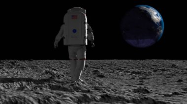 Astronaut walking on the moon and admiring the beautiful Earth. CG Animation. Elements of this image furnished by NASA. 3D rendering clipart