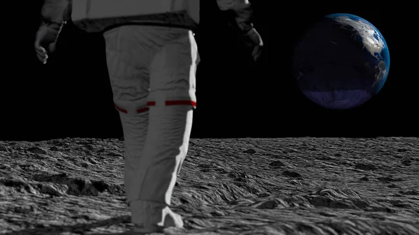 Astronot ay üzerinde yürüyüş ve güzel dünya hayran. CG animasyon. NASA tarafından döşenmiş bu görüntünün elemanları. 3B işleme