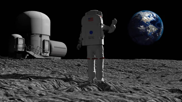 宇宙飛行士は月を歩き、美しい地球を眺めます。Cg アニメーション。この画像の要素は Nasa によって供給されました。3d レンダリング — ストック写真