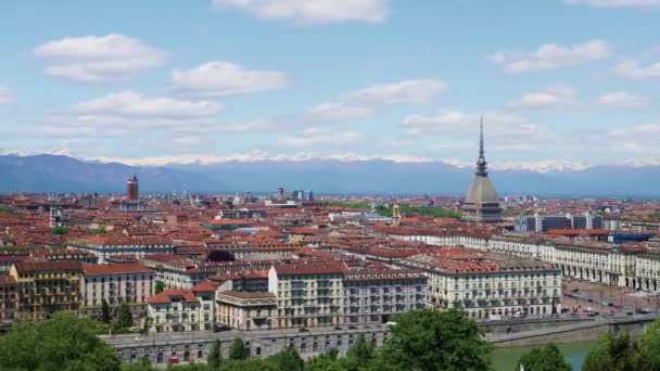 Turyn Torino Antenowe Timelapse Panoramę Mole Antonelliana Monte Dei Cappuccini — Wideo stockowe