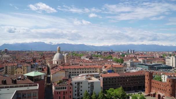Turin Torino Antenn Timelapse Skyline Panorama Med Alperna Bakgrunden Italien — Stockvideo