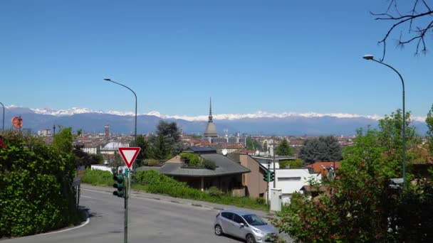 Turin Torino Aerial Timelapse Skyline Panorama Mole Antonelliana Monte Dei — Stock Video