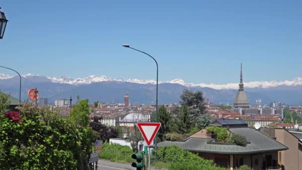 Turijn Torino Luchtfoto Timelapse Skyline Panorama Met Mole Antonelliana Monte — Stockvideo
