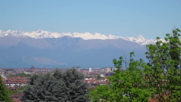 Turim Torino Panorama Horizonte Timelapse Aérea Com Mole Antonelliana Monte — Vídeo de Stock