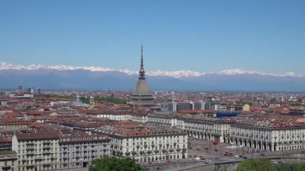 Turijn Torino Luchtfoto Timelapse Skyline Panorama Met Mole Antonelliana Monte — Stockvideo