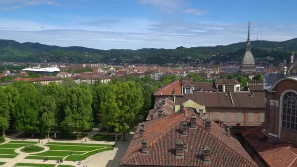 Turim Torino Panorama Linha Tempo Aérea Com Alpes Segundo Plano — Vídeo de Stock