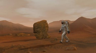 3d render. Mars'taki koloni. Mars'ın Yüzeyinde Yürüyen Uzay Giysisi Giyen İki Astronot.