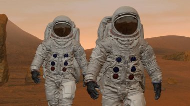 3d render. Mars'taki koloni. Mars'ın Yüzeyinde Yürüyen Uzay Giysisi Giyen İki Astronot.