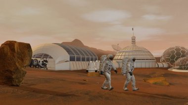 3d render. Mars'taki koloni. Mars'ın Yüzeyinde Yürüyen Uzay Giysisi Giyen İki Astronot.