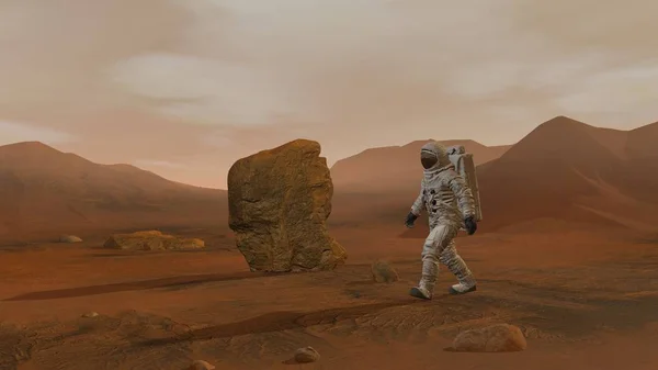 3d render. Mars'taki koloni. Mars'ın Yüzeyinde Yürüyen Uzay Giysisi Giyen İki Astronot.