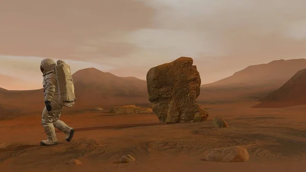3D-Darstellung. Kolonie auf dem Mars. zwei Astronauten im Raumanzug auf der Marsoberfläche. — Stockfoto