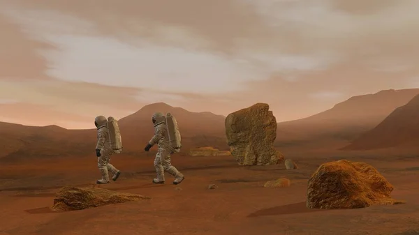 3D 렌더링. 화성에 식민지. 우주복을 입고 화성 표면을 걷고 있는 우주비행사 두 명. — 스톡 사진