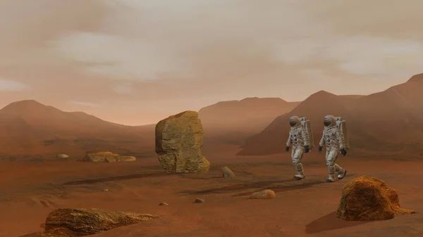 Rendering 3D. Colonia su Marte. Due astronauti indossano una tuta spaziale che cammina sulla superficie di Marte . — Foto Stock