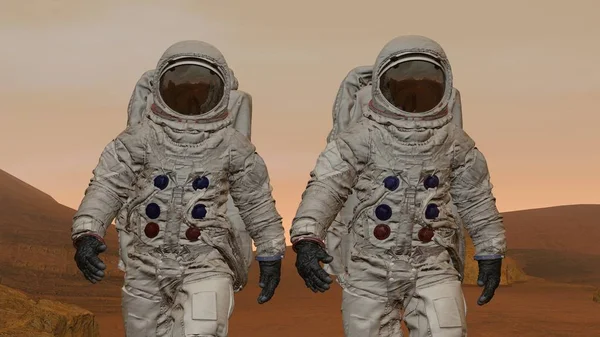 3d render. Mars'taki koloni. Mars'ın Yüzeyinde Yürüyen Uzay Giysisi Giyen İki Astronot.