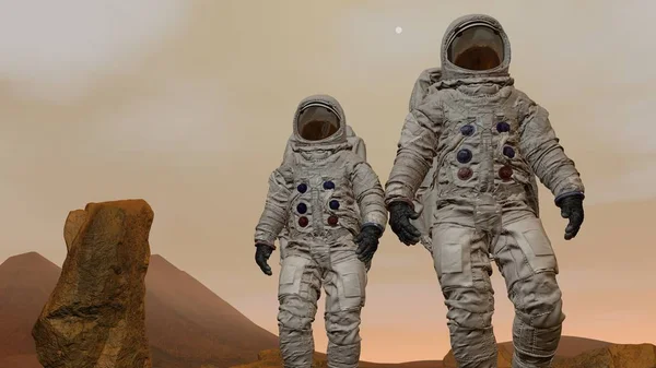 3d render. Mars'taki koloni. Mars'ın Yüzeyinde Yürüyen Uzay Giysisi Giyen İki Astronot.