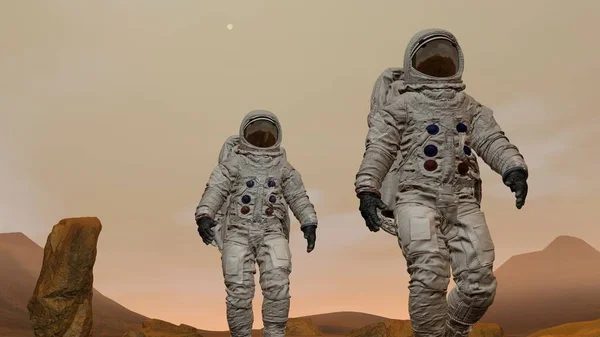 3d render. Mars'taki koloni. Mars'ın Yüzeyinde Yürüyen Uzay Giysisi Giyen İki Astronot.