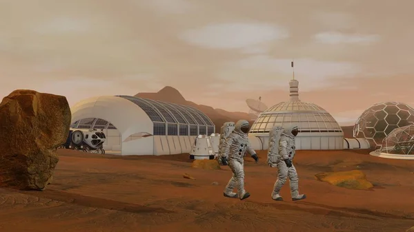 3D-Darstellung. Kolonie auf dem Mars. zwei Astronauten im Raumanzug auf der Marsoberfläche. — Stockfoto