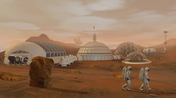 3d render. Mars'taki koloni. Mars'ın Yüzeyinde Yürüyen Uzay Giysisi Giyen İki Astronot.