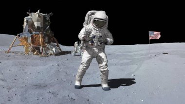 3d render. Ay'da Astronot Dansı... Cg Animasyon. Nasa tarafından döşenmiş bu görüntünün elemanları.