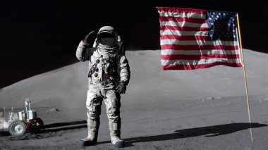 3d render. Astronot Amerikan bayrağını selamlıyor. Cg Animasyon. Nasa tarafından döşenmiş bu görüntünün elemanları.